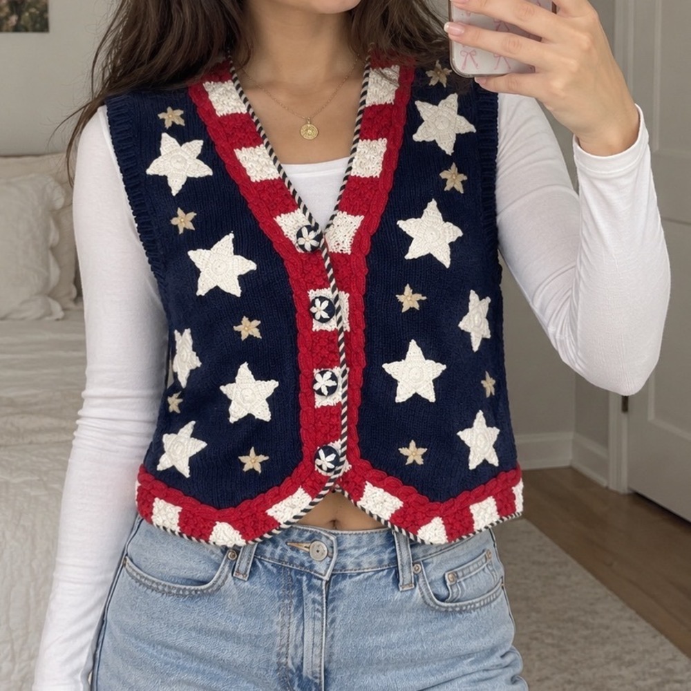 Vtg Americana Star Knit Sweater Vest USA Blue Red White L patriotic  Teacher